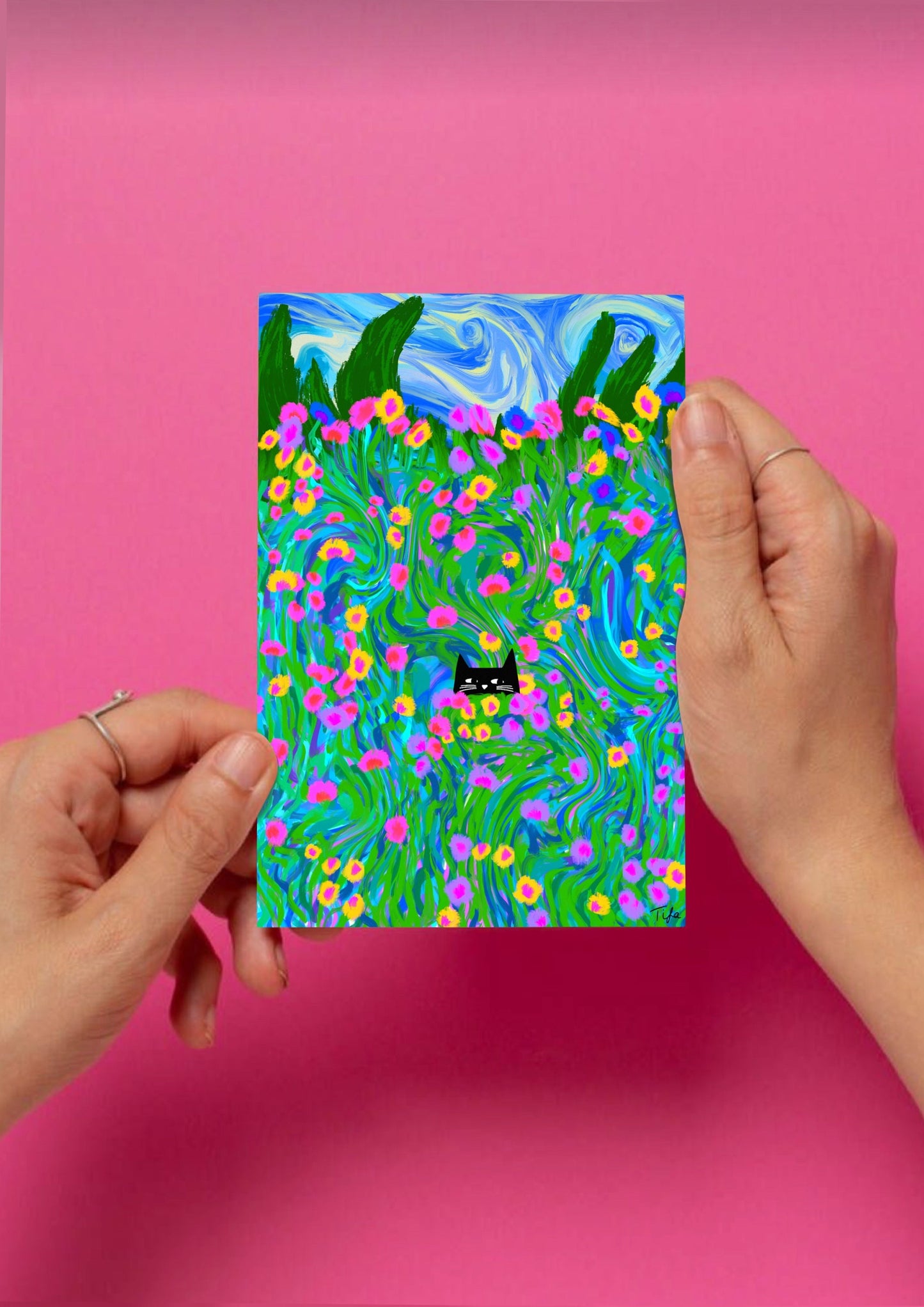 Blumenpostkarte mit Wiesenkatze