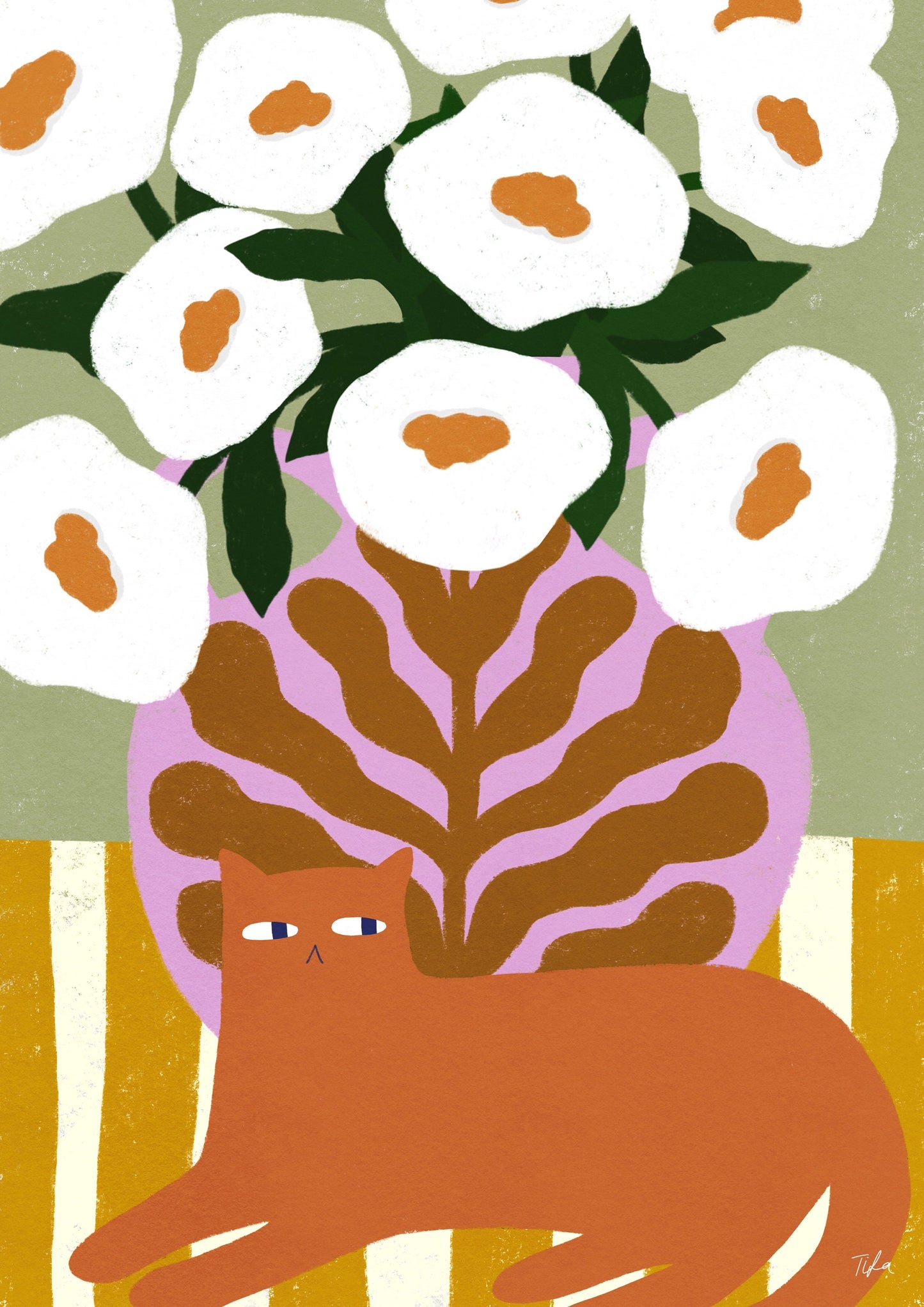 Ginger Cat and Flowers print