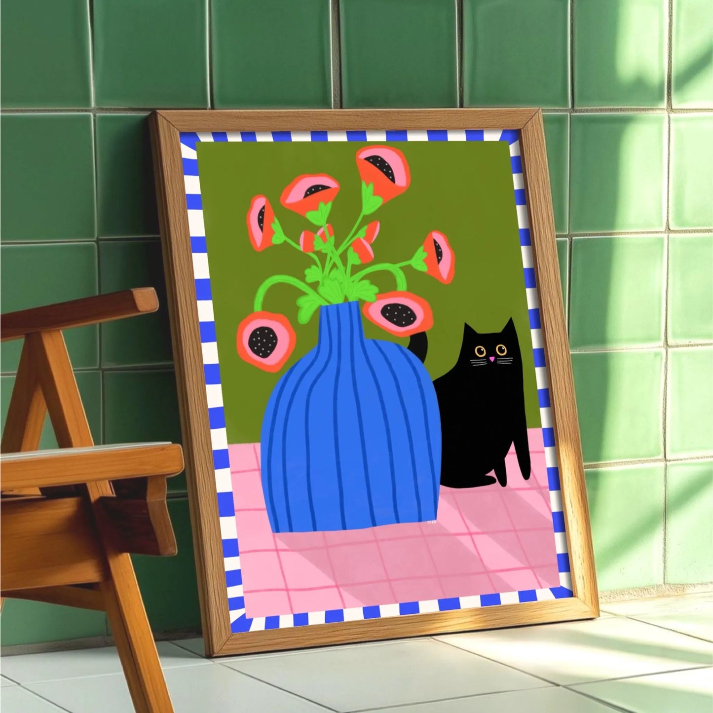 Black Cat and Poppies print