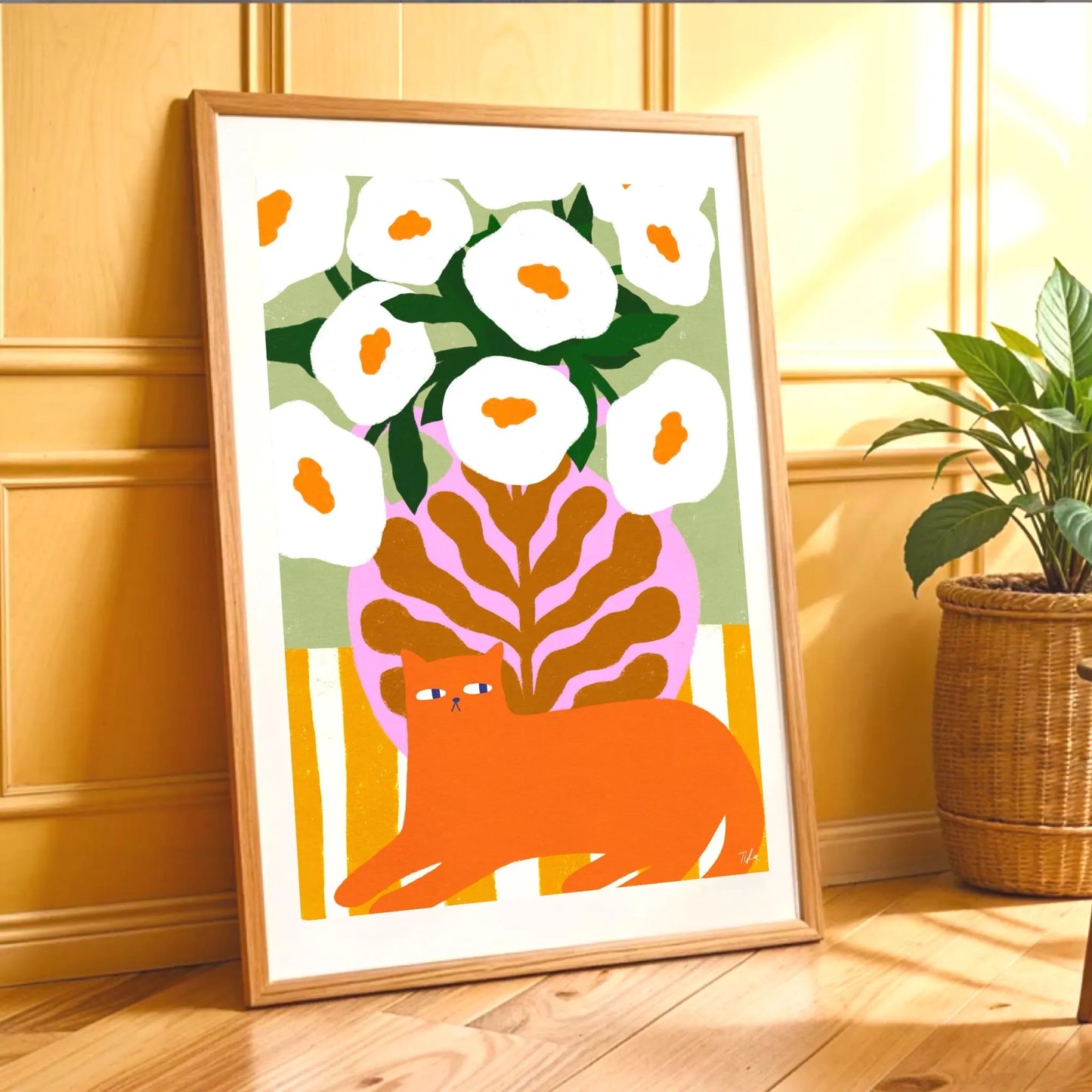 Ginger Cat and Flowers print