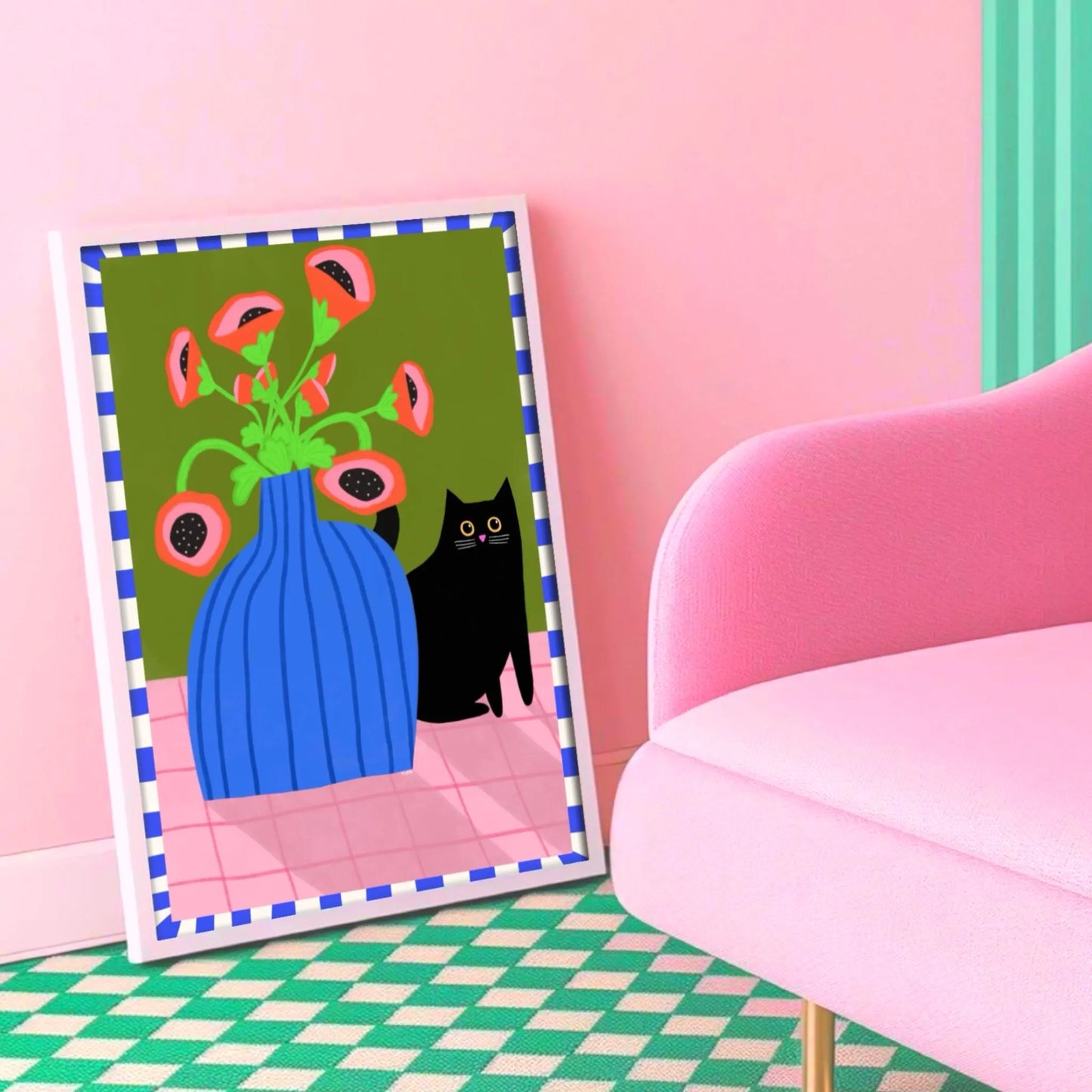 Black Cat and Poppies print