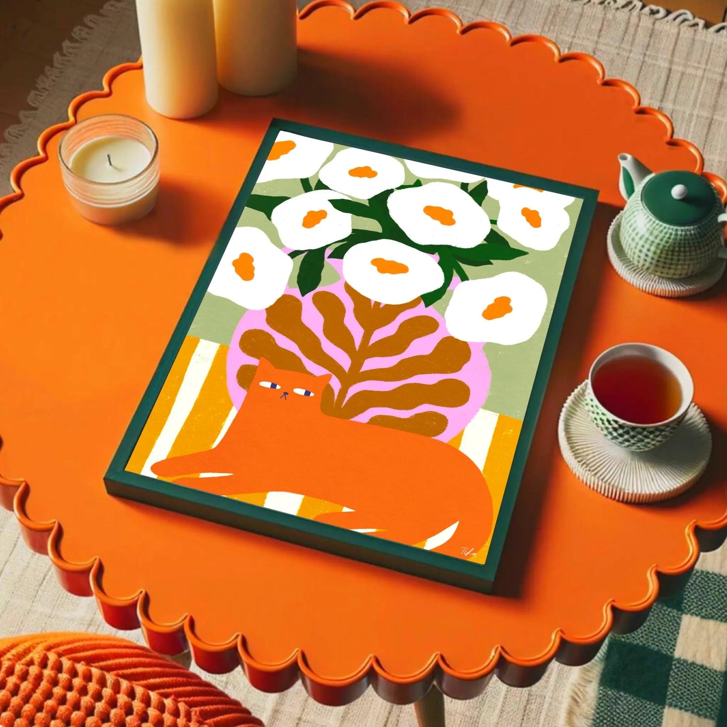 Ginger Cat and Flowers print