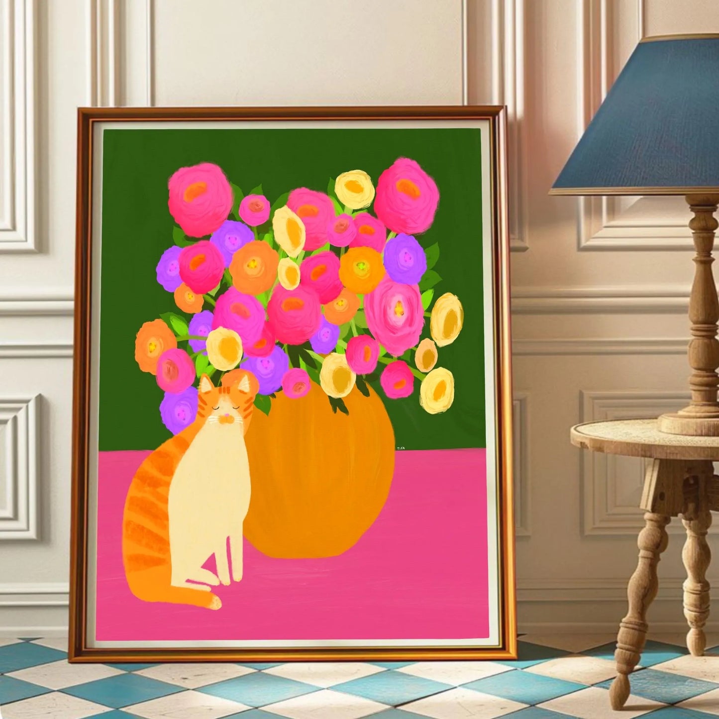Ginger Cat and Roses print