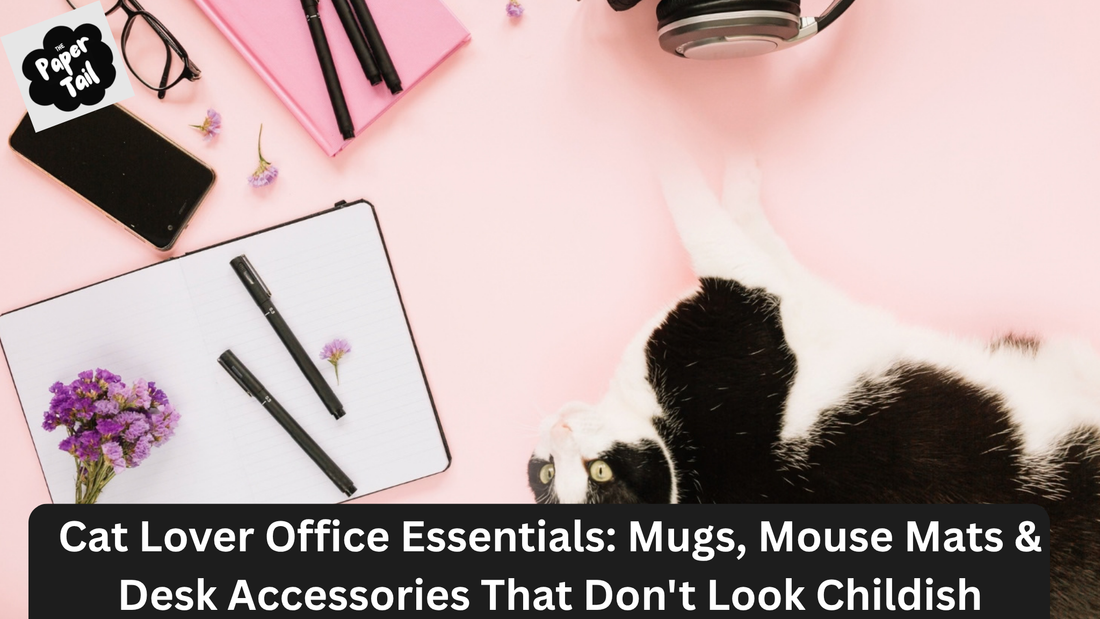 Cat lover office essentials including mugs, mouse mats, and stylish desk accessories