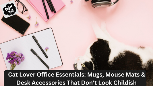 Cat lover office essentials including mugs, mouse mats, and stylish desk accessories