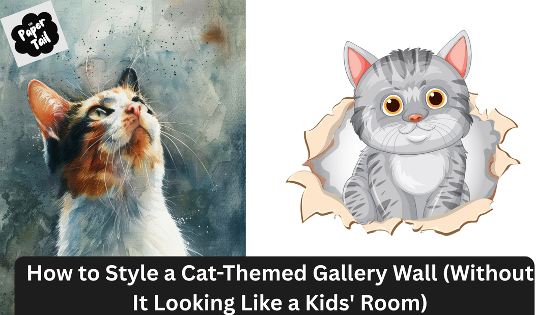 Elegant cat-themed gallery wall with stylish prints, frames, and décor