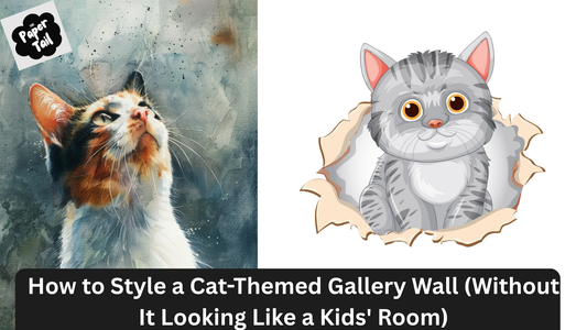 Elegant cat-themed gallery wall with stylish prints, frames, and décor