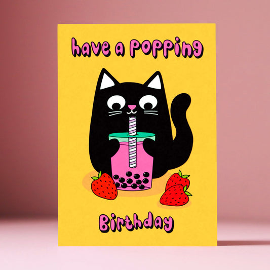 Bubble Tea Cat Greetings Card