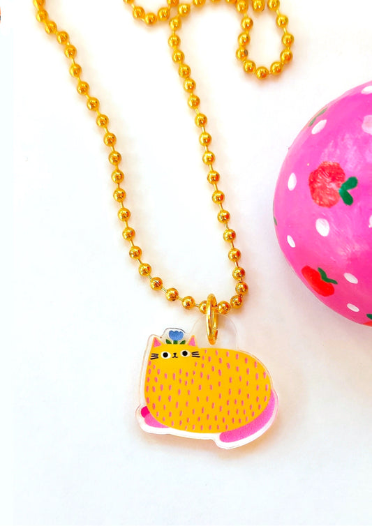 Yellow Cat Acrylic Pendant Charm Necklace - For Pet Lovers
