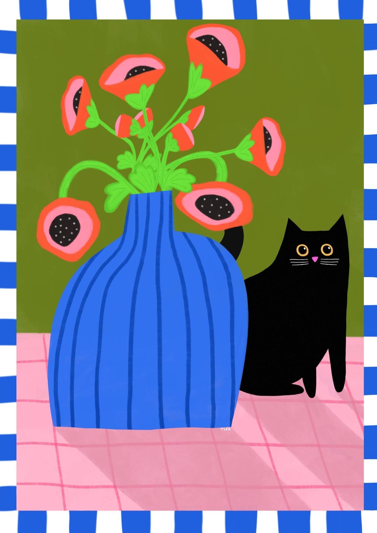 Black Cat and Poppies  print