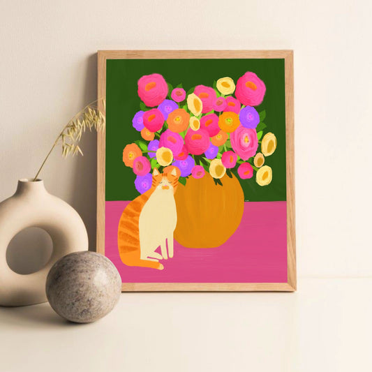 Ginger Cat and Roses print