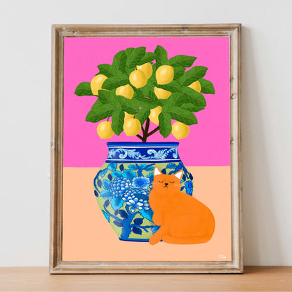Cat and Lemons print
