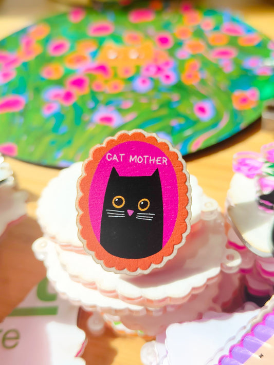Cat Mother Wooden Pin Badge