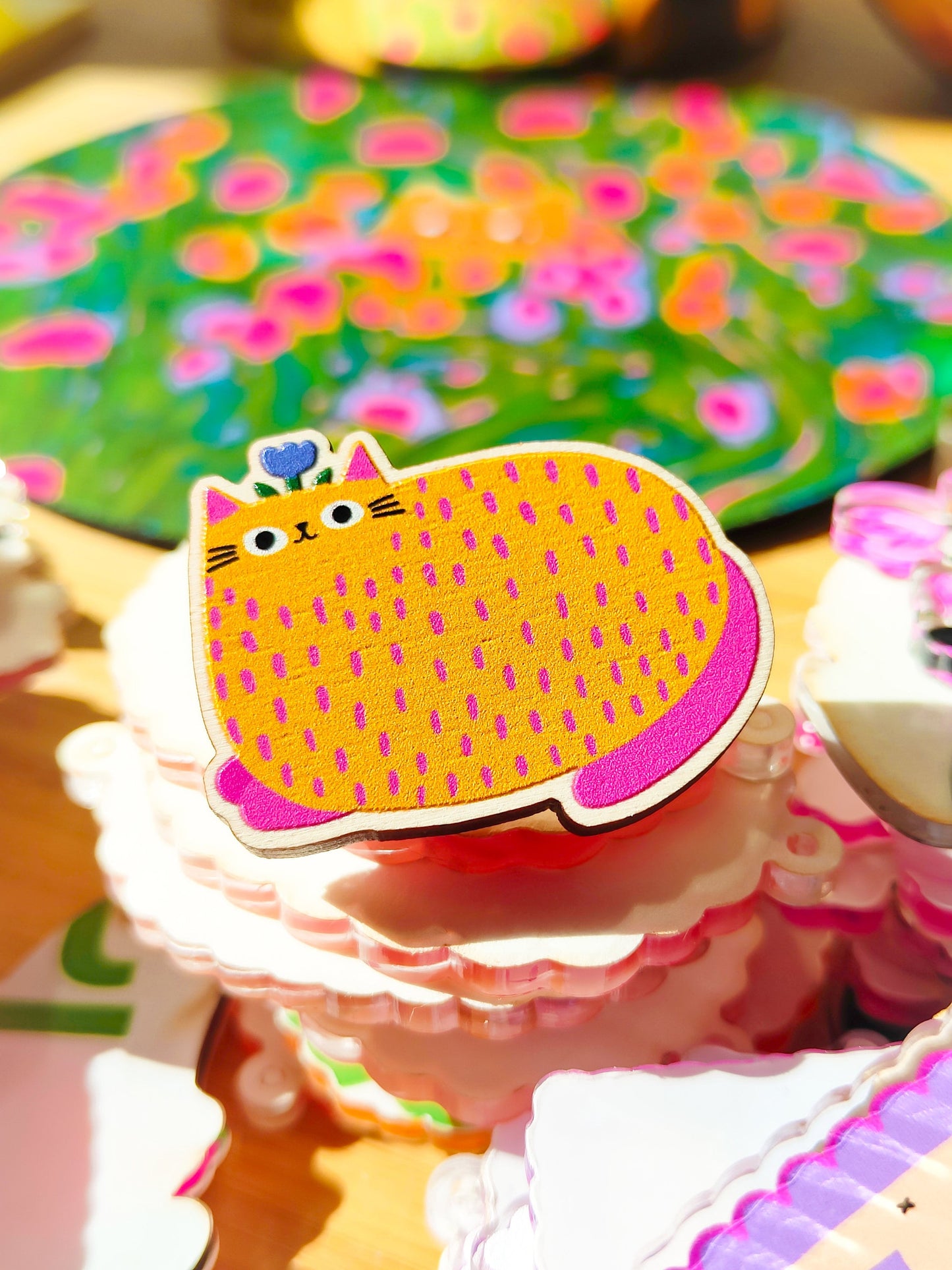 Yellow Cat Wooden Pin Badge