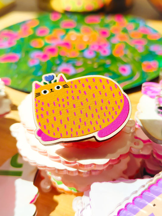 Yellow Cat Wooden Pin Badge