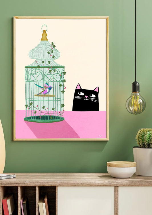 Cat & Hummingbird print