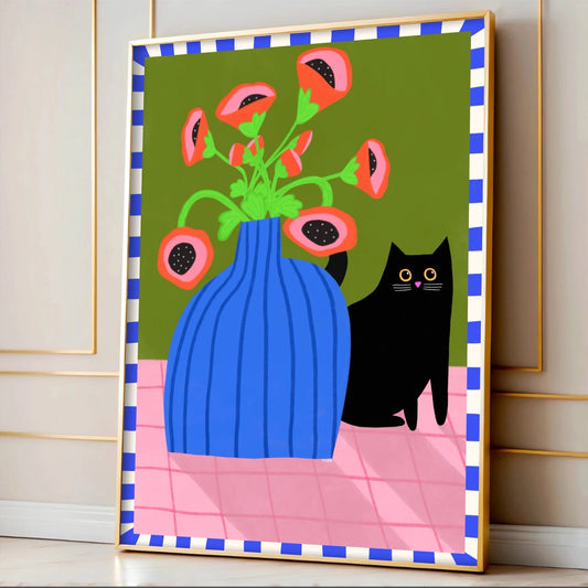 Black Cat and Poppies  print