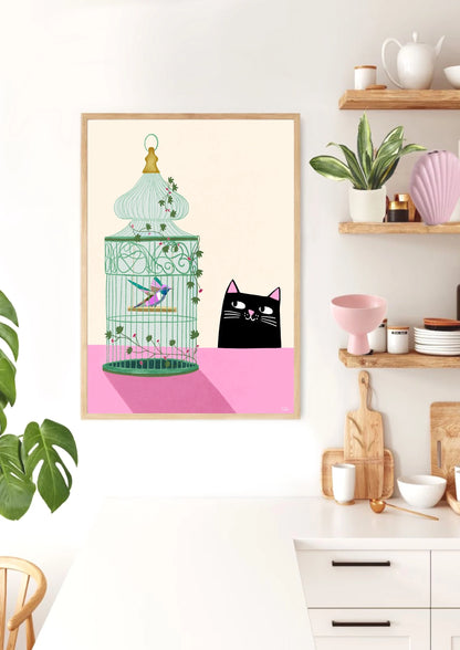 Cat & Hummingbird print