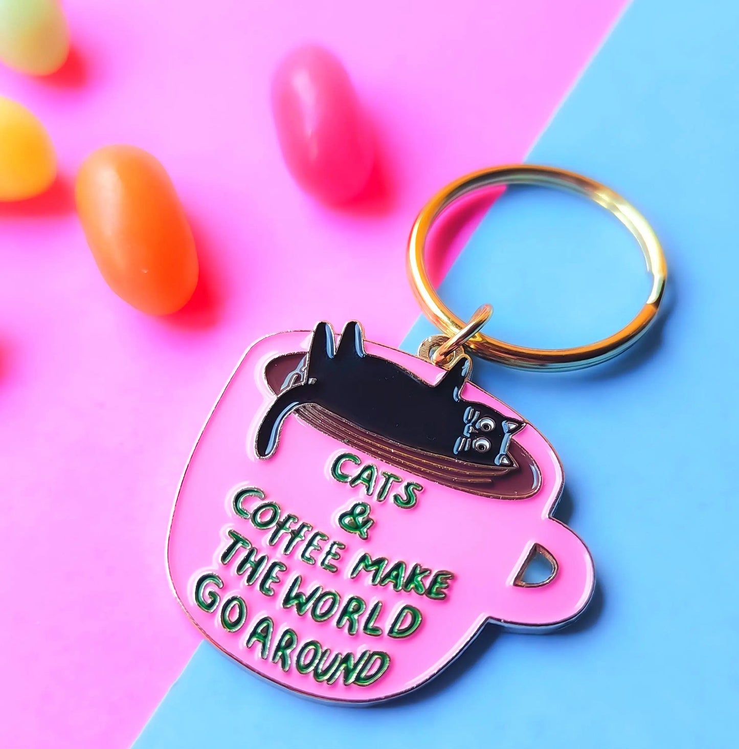 Cats and Coffee Enamel Keyring