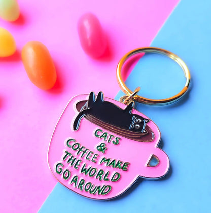 Cats and Coffee Enamel Keyring