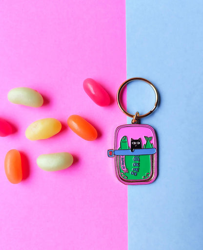 Cat and Sardines Enamel Keyring