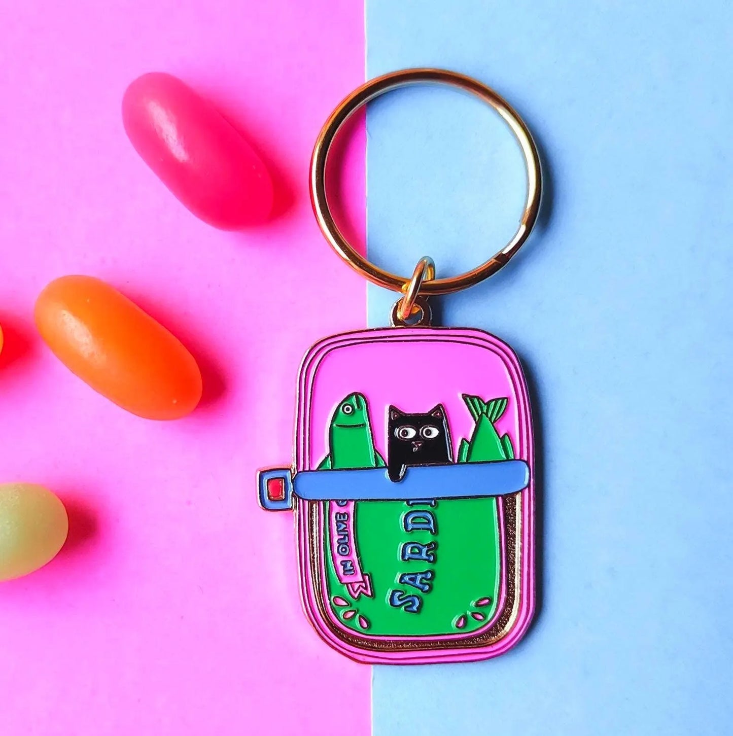 Cat and Sardines Enamel Keyring