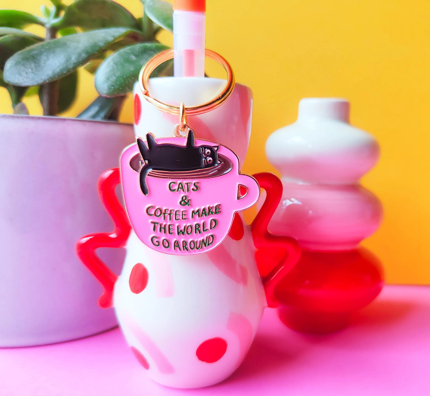 Cats and Coffee Enamel Keyring