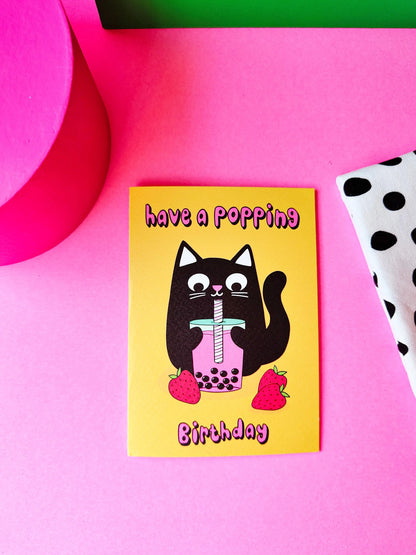 Bubble Tea Cat Greetings Card