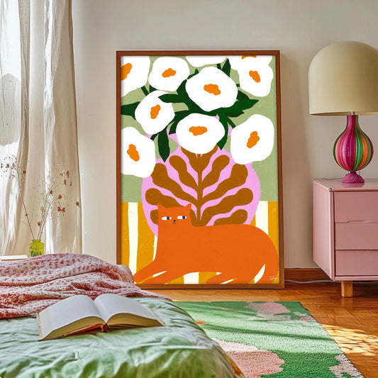 Ginger Cat and Flowers print