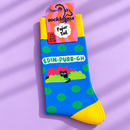 Edin-purr-gh Socks (Blue) - Funny Cat Socks