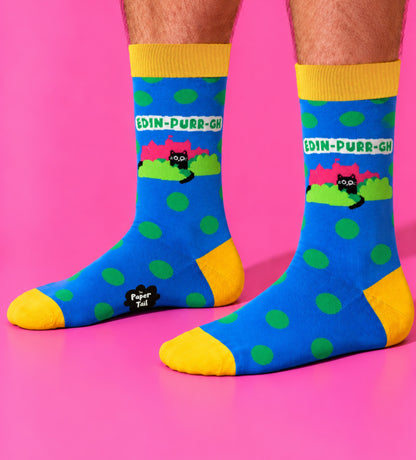 Edin-purr-gh Socks (Blue) - Funny Cat Socks