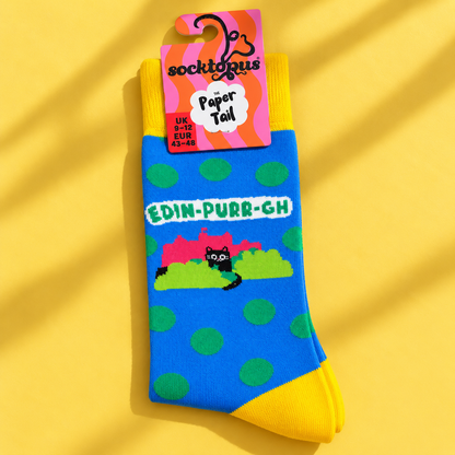 Edin-purr-gh Socks (Blue) - Funny Cat Socks